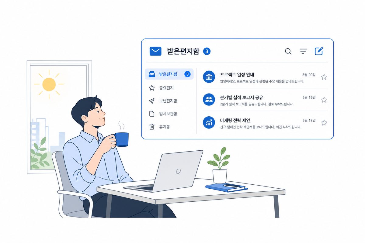 정돈된 받은편지함 앞에서 여유로운 아침