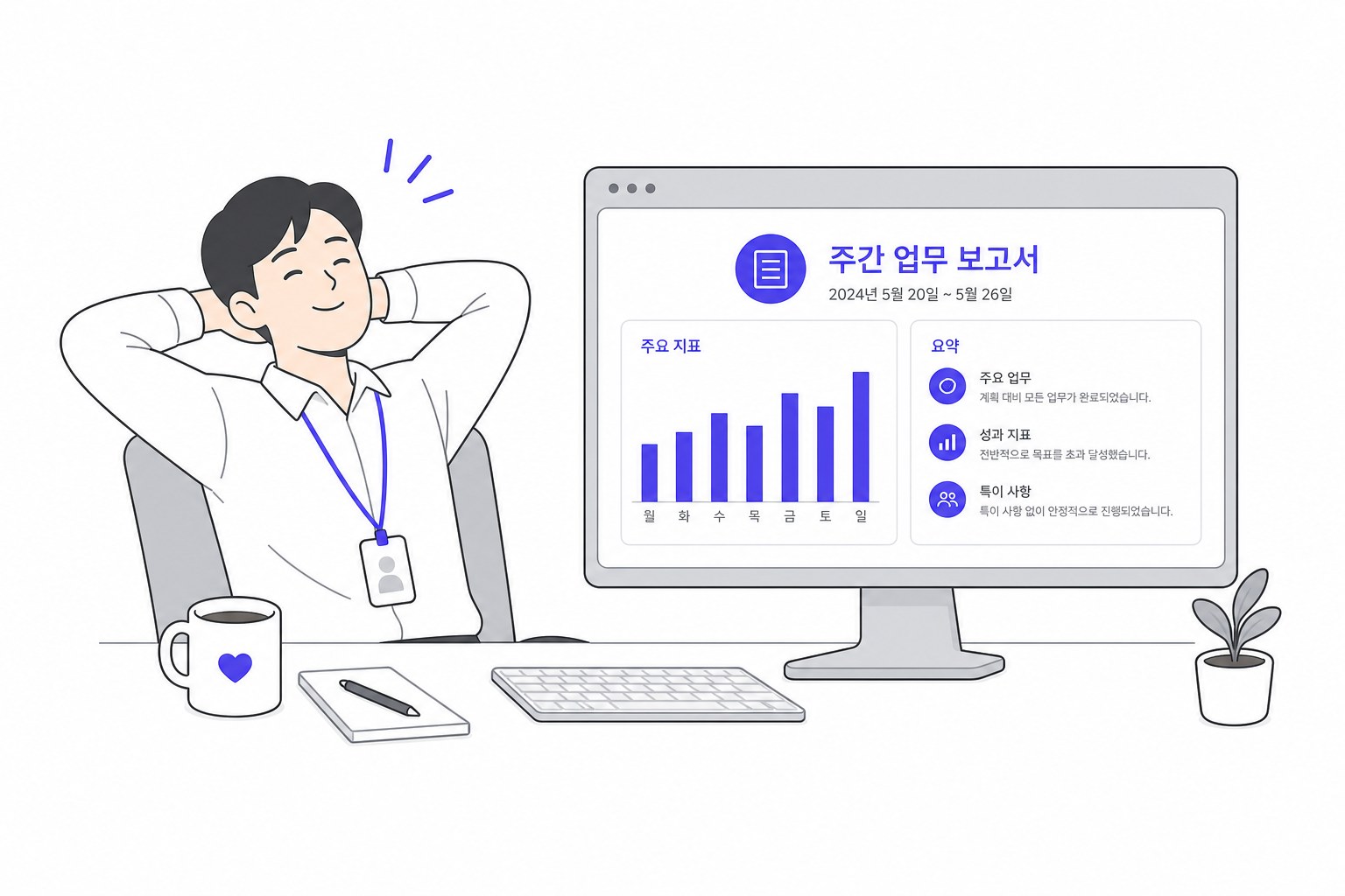 월요일 아침, 완성된 주간 보고서 앞에 앉은 여유