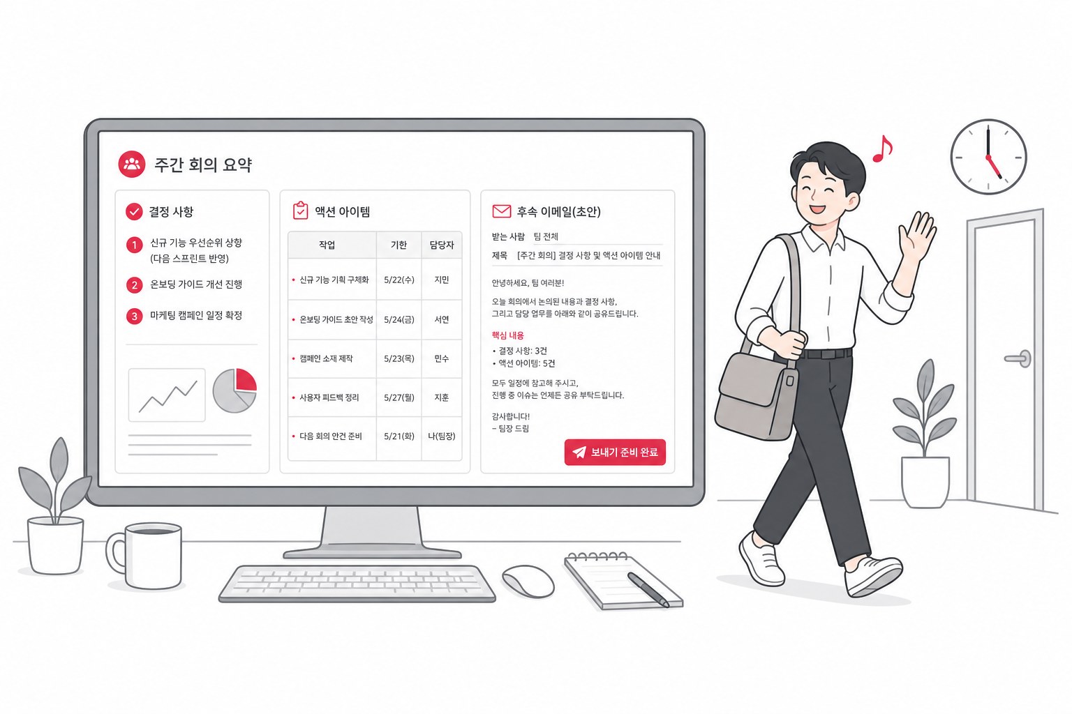 요약과 할 일과 초안이 준비된 채 정시에 퇴근하는 저녁