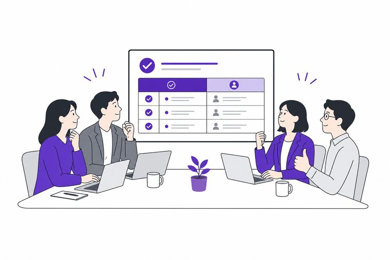 결정과 할 일이 정리된 회의록을 함께 보는 팀