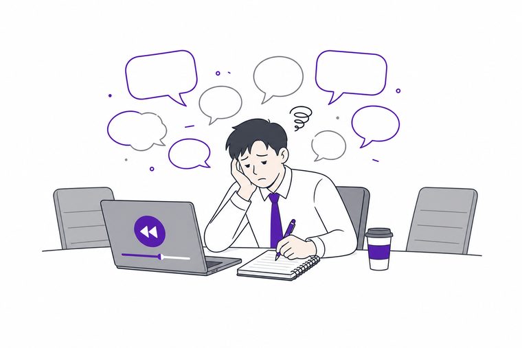 긴 회의 녹취를 되감으며 회의록을 받아 적는 직장인