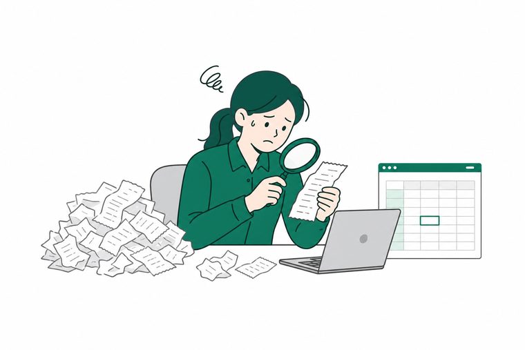 구겨진 영수증을 한 장씩 보며 항목을 옮겨 적는 담당자