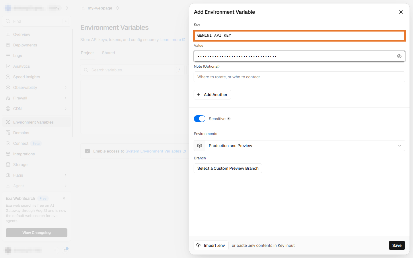 Add Environment Variable 대화상자에 Key로 GEMINI_API_KEY를 적은 화면