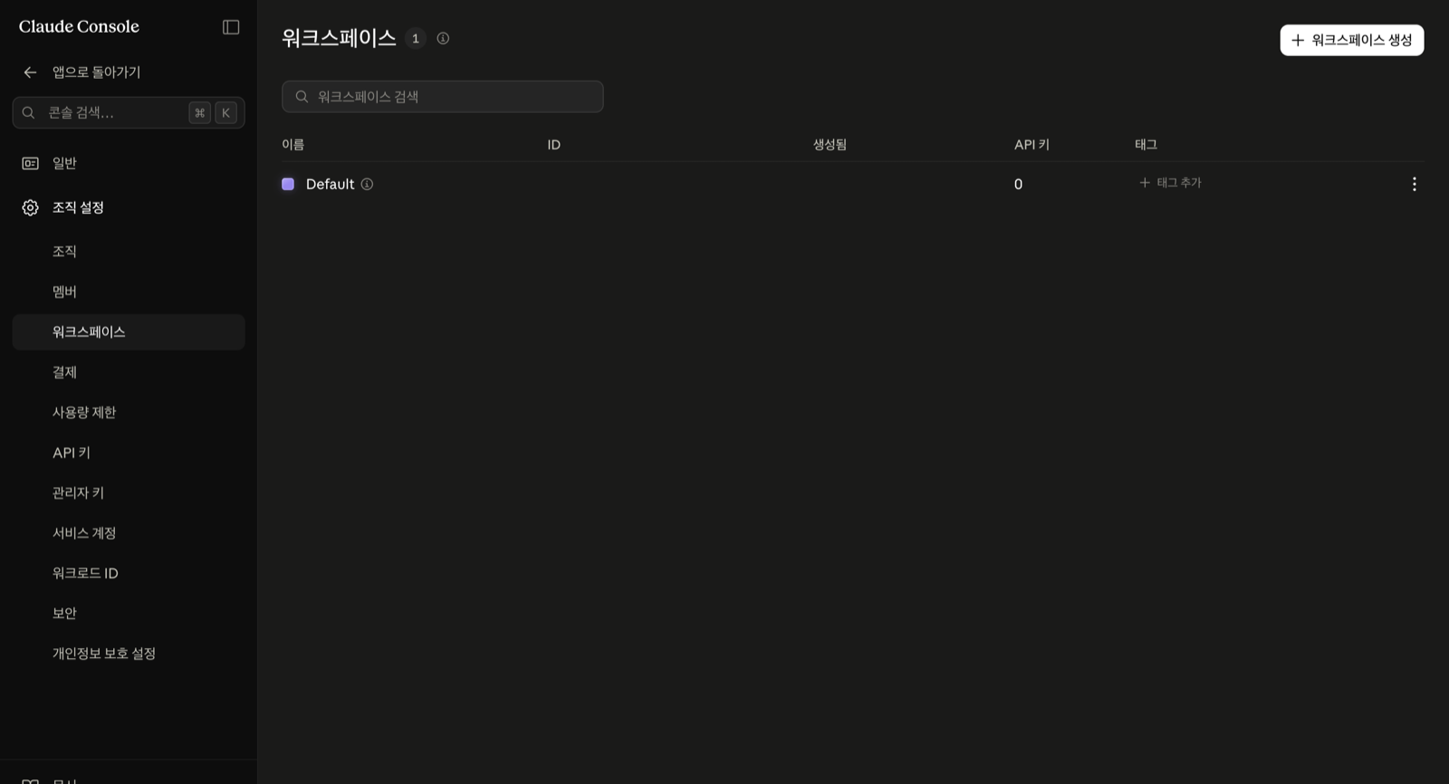 워크스페이스 목록 화면. Default 워크스페이스 하나가 있고 오른쪽 위에 워크스페이스 생성 버튼이 있다.