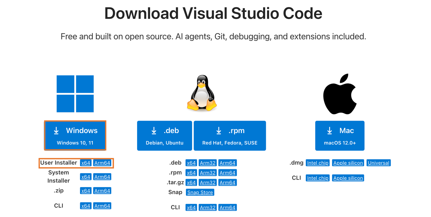 VS Code 공식 다운로드 페이지의 Windows 칸