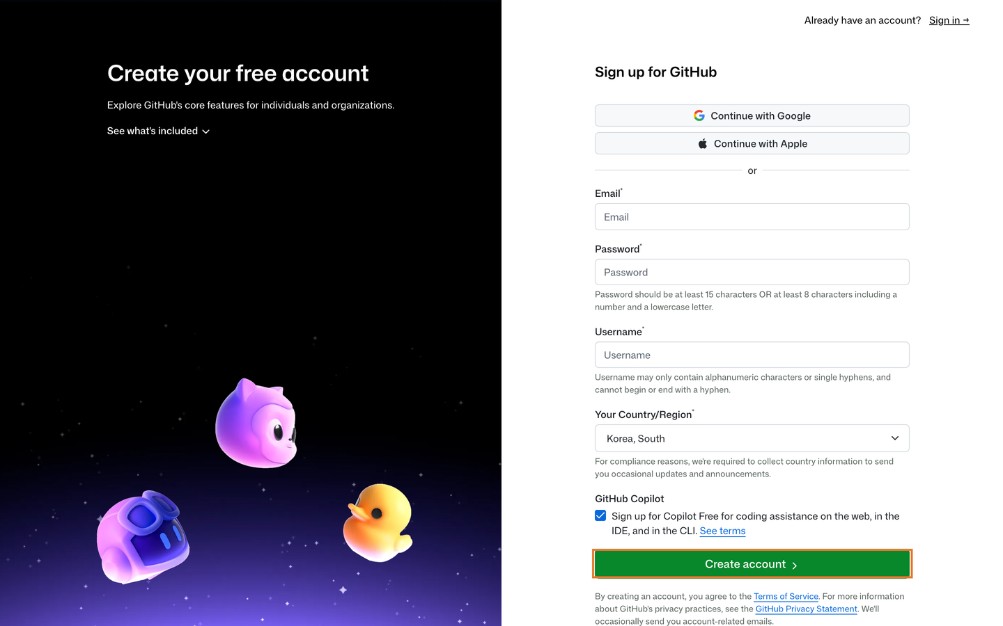 GitHub 가입 화면의 입력란과 Create account 버튼