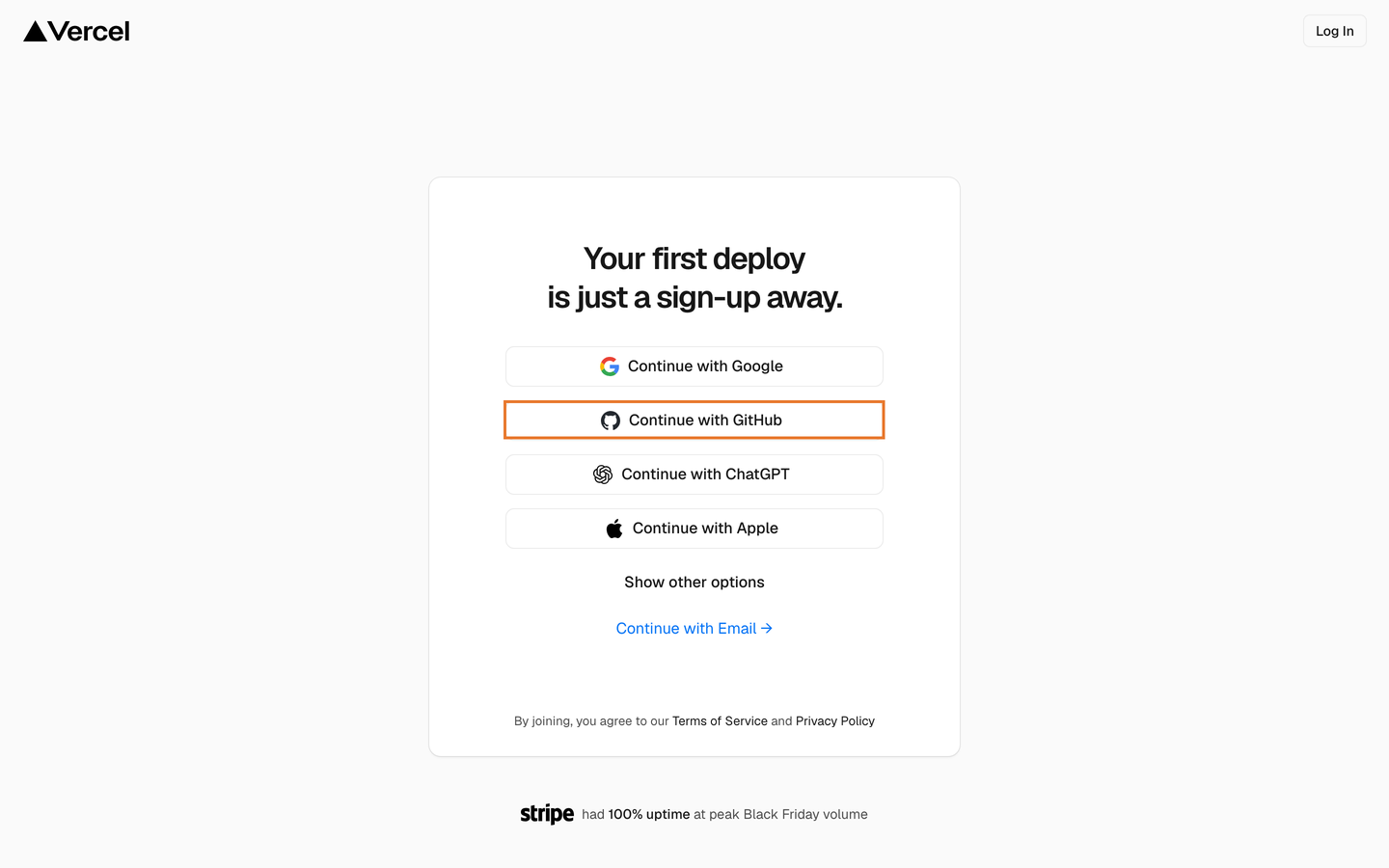 Vercel 가입 화면의 Continue with GitHub 버튼